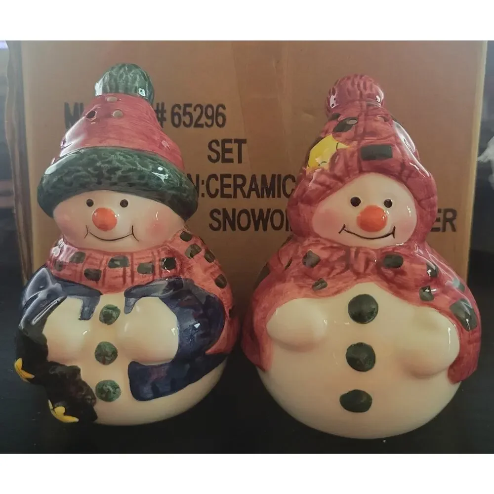 Vtg 2000s Mr. & Mrs. Snowman Salt & Pepper Shaker Set Christmas Ceramic W/Box